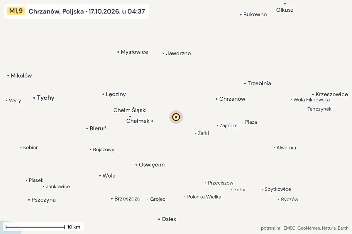 Karta: okolica epicentra, 60 km, potres M1,9, Chrzanów, Poljska, 17.10.2026.