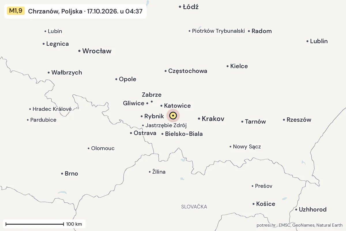 Karta: šire područje, 600 km, potres M1,9, Chrzanów, Poljska, 17.10.2026.
