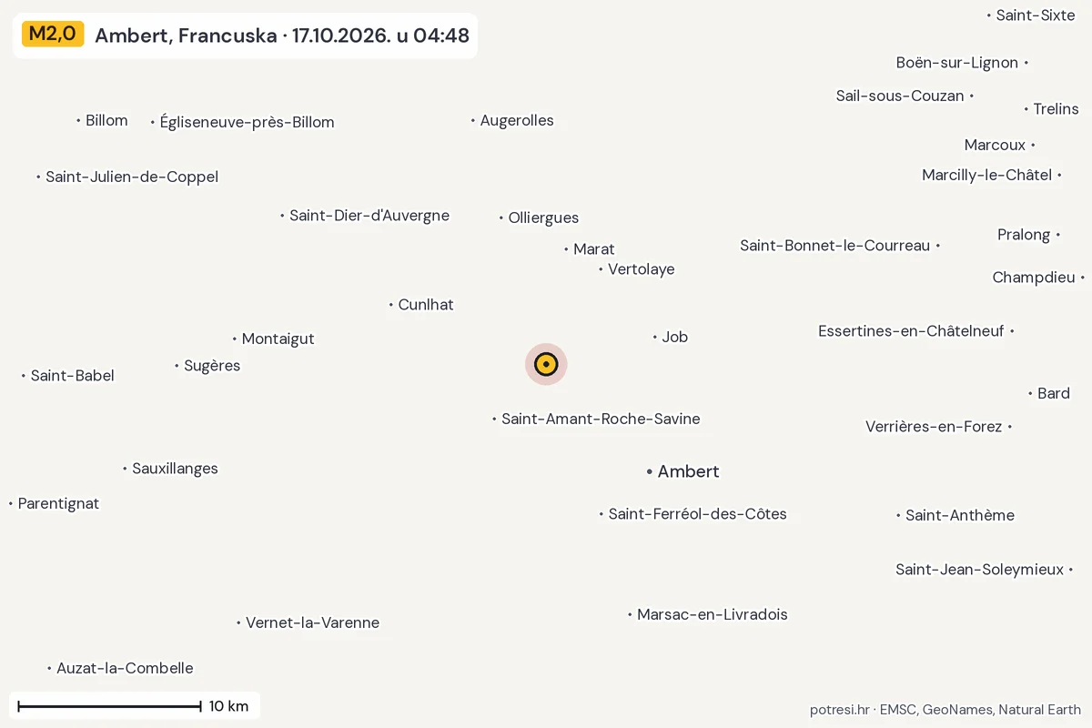 Karta: okolica epicentra, 60 km, potres M2,0, Ambert, Francuska, 17.10.2026.