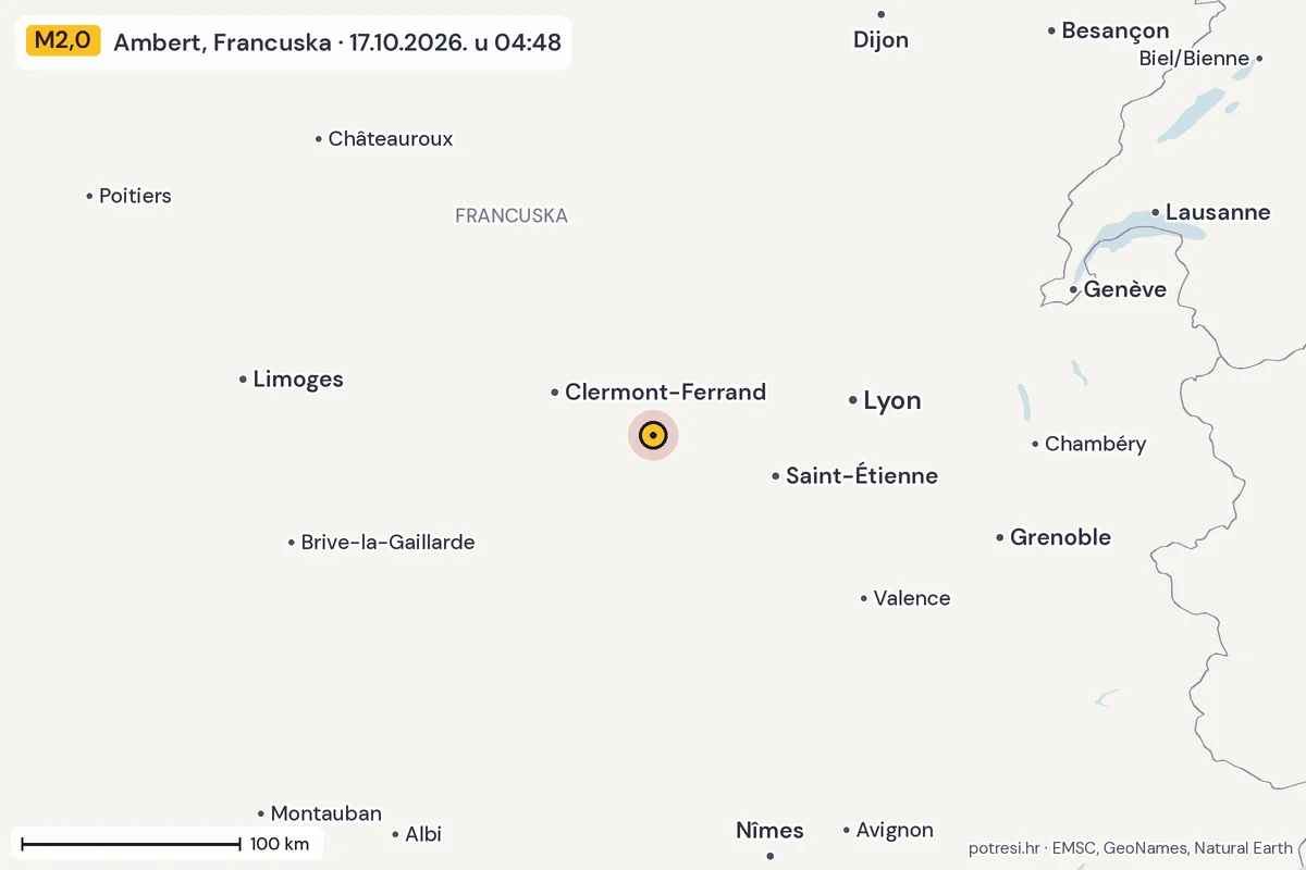 Karta: šire područje, 600 km, potres M2,0, Ambert, Francuska, 17.10.2026.