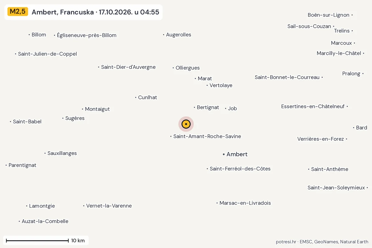 Karta: okolica epicentra, 60 km, potres M2,5, Ambert, Francuska, 17.10.2026.