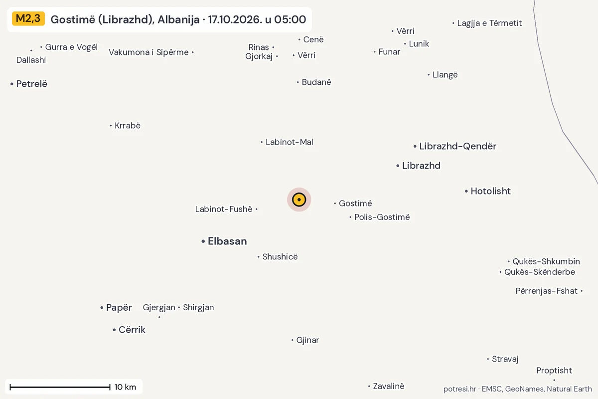 Karta: okolica epicentra, 60 km, potres M2,3, Gostimë (Librazhd), Albanija, 17.10.2026.