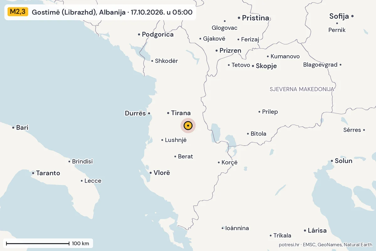 Karta: šire područje, 600 km, potres M2,3, Gostimë (Librazhd), Albanija, 17.10.2026.