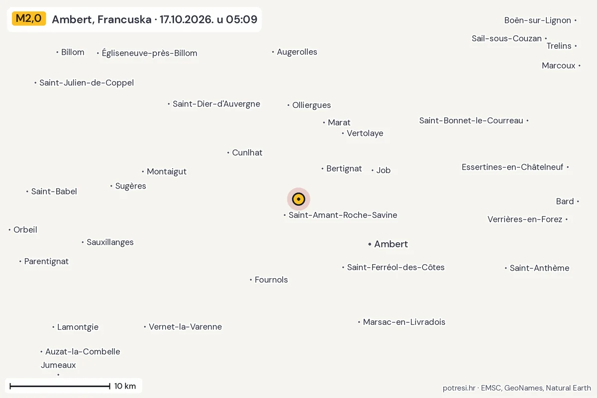 Karta: okolica epicentra, 60 km, potres M2,0, Ambert, Francuska, 17.10.2026.