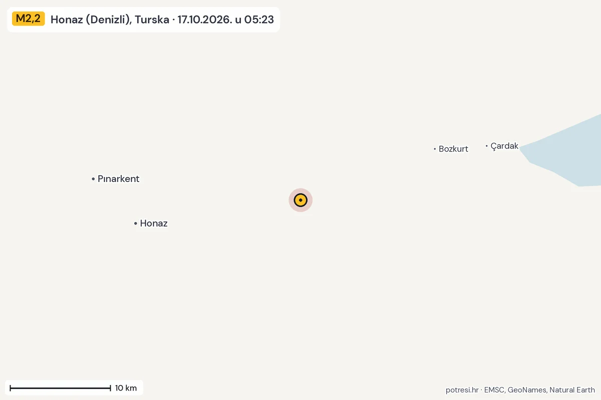 Karta: okolica epicentra, 60 km, potres M2,2, Honaz (Denizli), Turska, 17.10.2026.