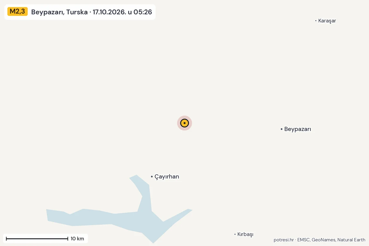 Karta: okolica epicentra, 60 km, potres M2,3, Beypazarı, Turska, 17.10.2026.