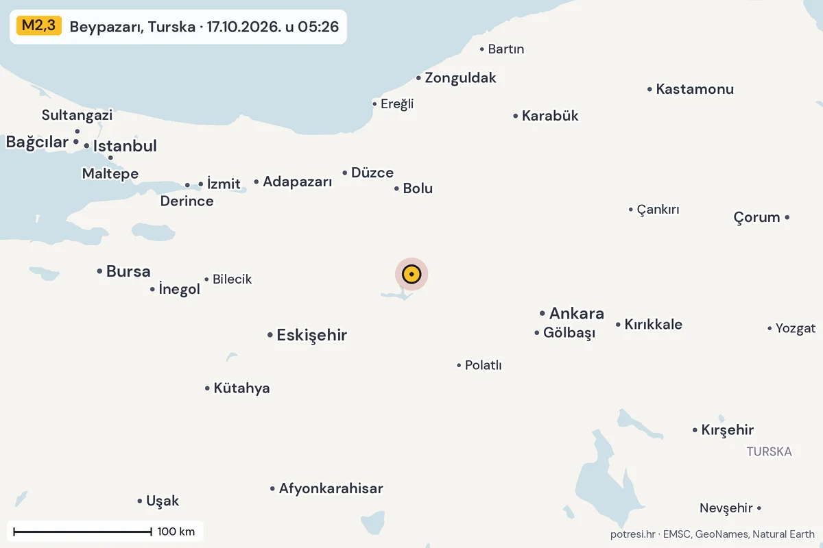 Karta: šire područje, 600 km, potres M2,3, Beypazarı, Turska, 17.10.2026.