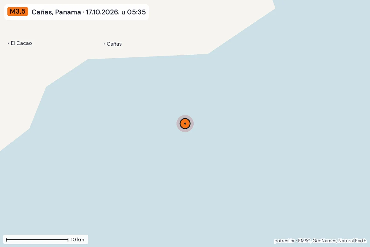 Karta: okolica epicentra, 60 km, potres M3,5, Cañas, Panama, 17.10.2026.
