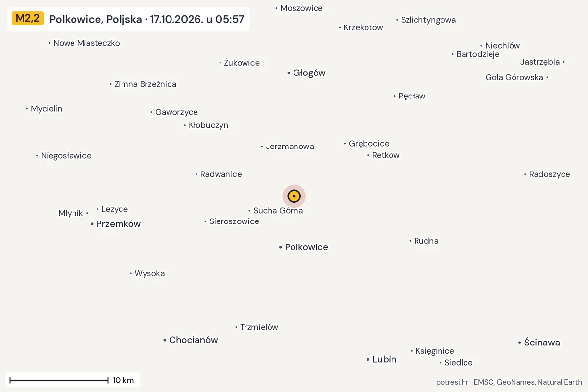 Karta: okolica epicentra, 60 km, potres M2,2, Polkowice, Poljska, 17.10.2026.