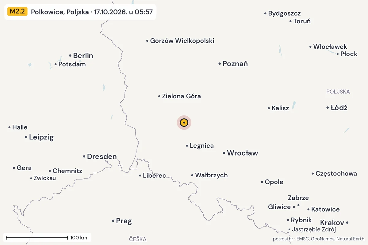 Karta: šire područje, 600 km, potres M2,2, Polkowice, Poljska, 17.10.2026.