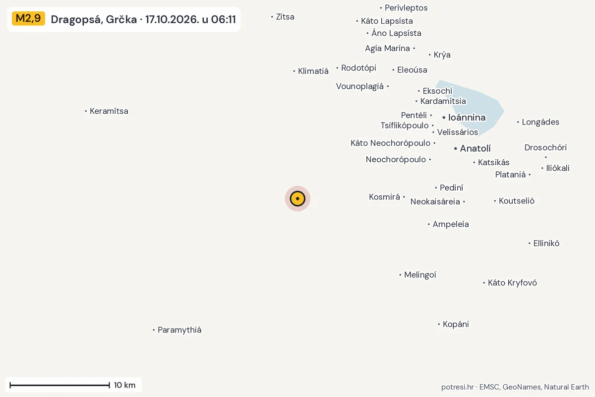 Karta: okolica epicentra, 60 km, potres M2,9, Dragopsá, Grčka, 17.10.2026.