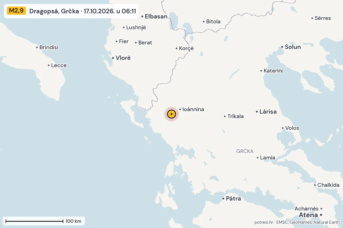 Karta: šire područje, 600 km, potres M2,9, Dragopsá, Grčka, 17.10.2026.