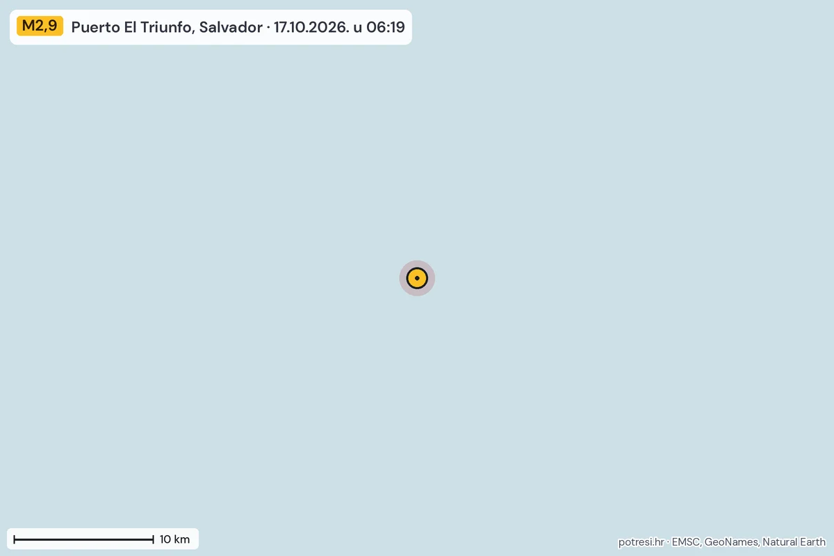 Karta: okolica epicentra, 60 km, potres M2,9, Puerto El Triunfo, Salvador, 17.10.2026.