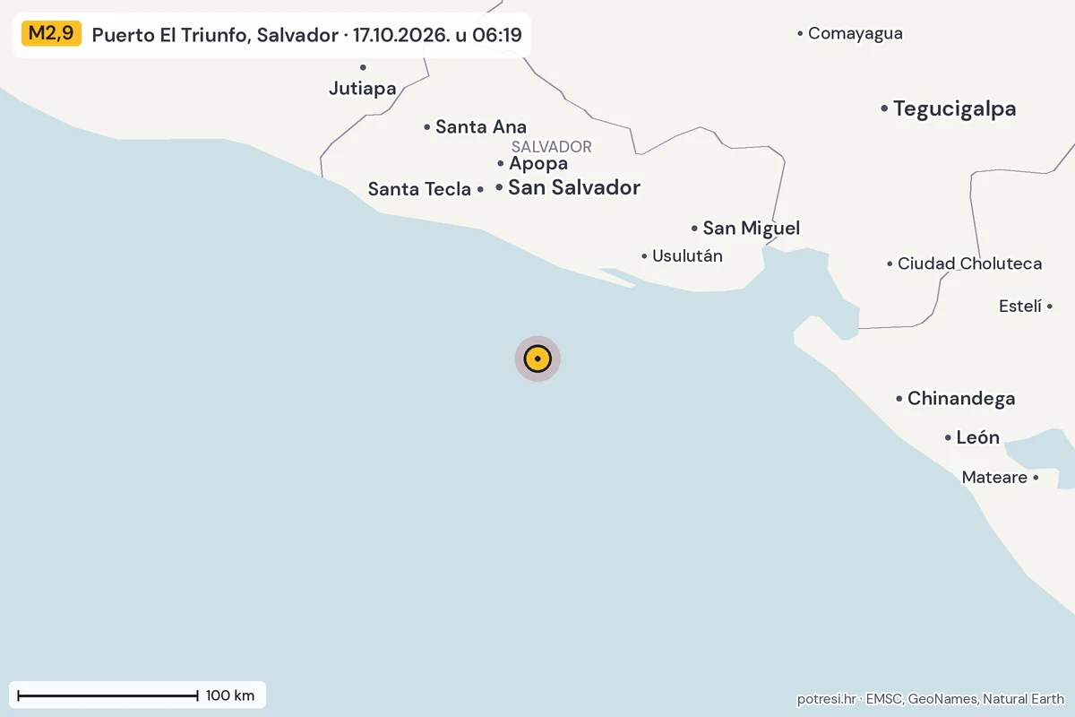 Karta: šire područje, 600 km, potres M2,9, Puerto El Triunfo, Salvador, 17.10.2026.