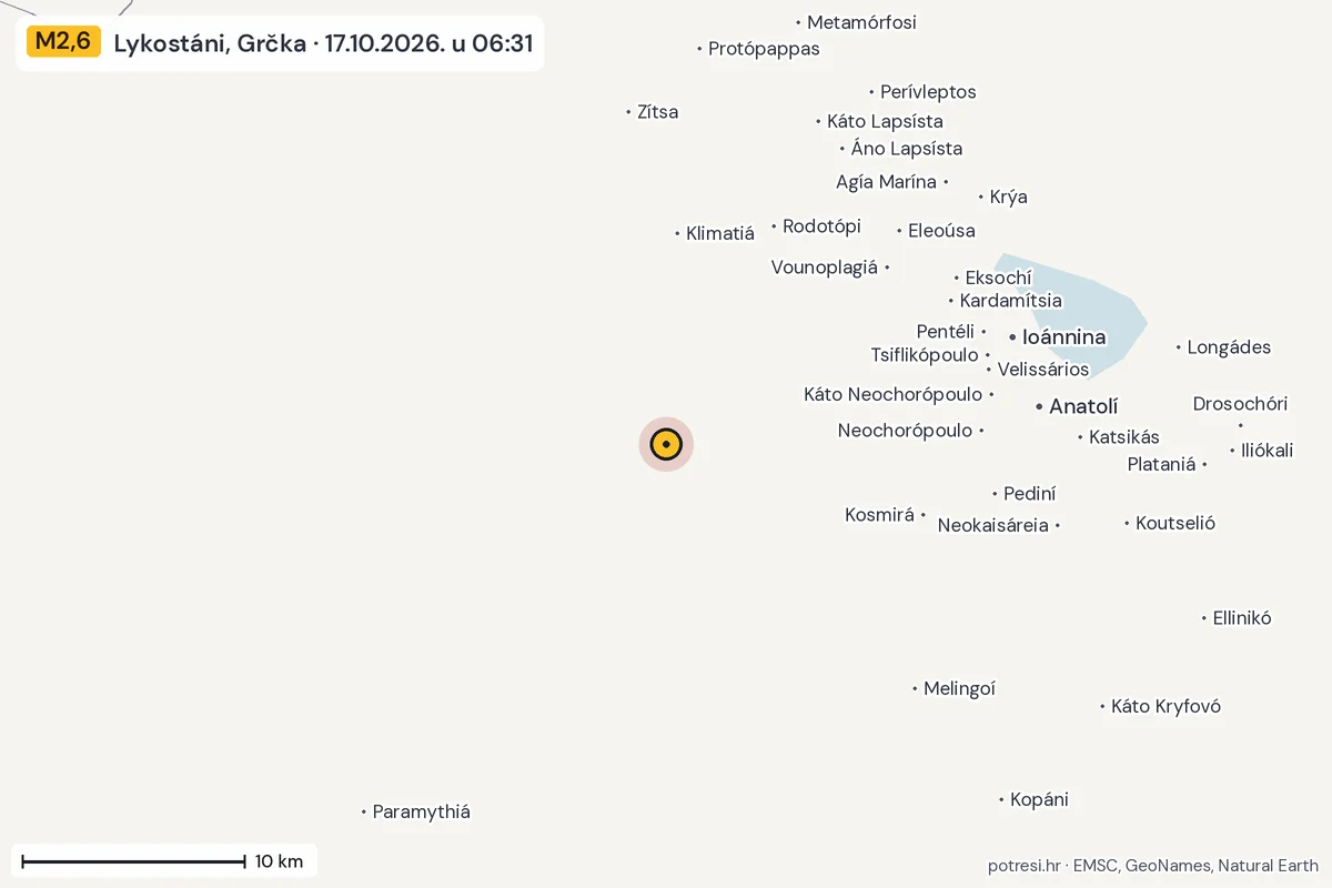 Karta: okolica epicentra, 60 km, potres M2,6, Lykostáni, Grčka, 17.10.2026.