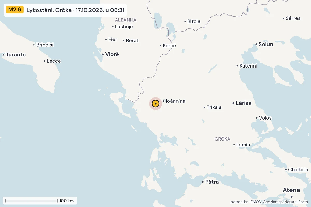 Karta: šire područje, 600 km, potres M2,6, Lykostáni, Grčka, 17.10.2026.