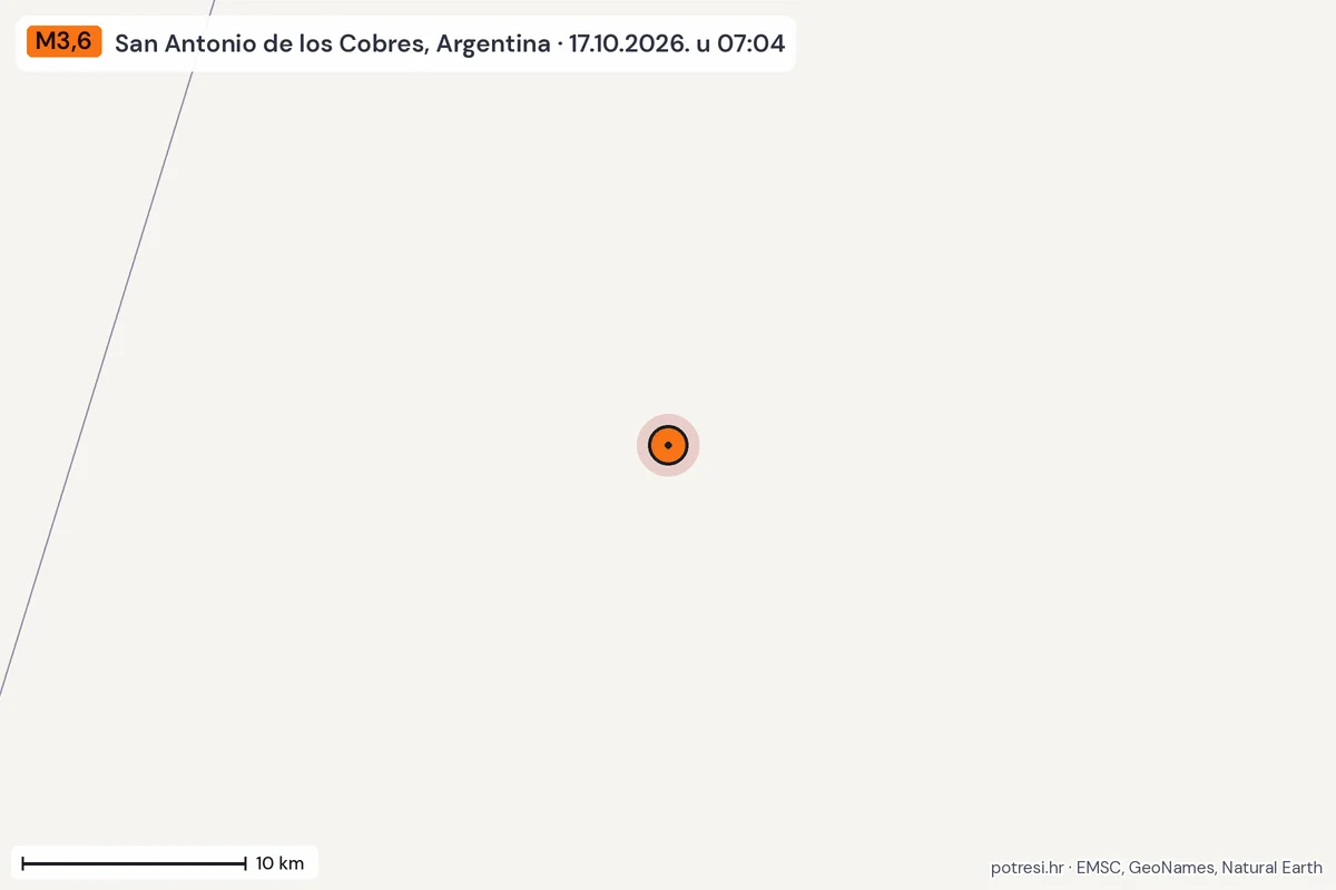 Karta: okolica epicentra, 60 km, potres M3,6, San Antonio de los Cobres, Argentina, 17.10.2026.