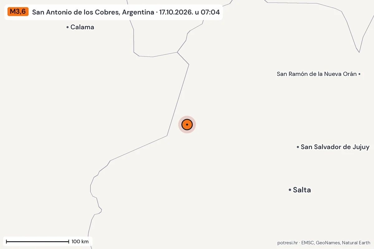 Karta: šire područje, 600 km, potres M3,6, San Antonio de los Cobres, Argentina, 17.10.2026.