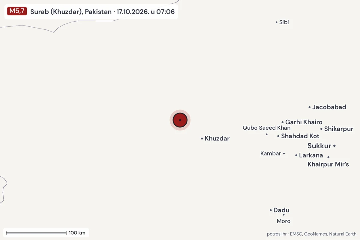 Karta: šire područje, 600 km, potres M5,7, Surab (Khuzdar), Pakistan, 17.10.2026.