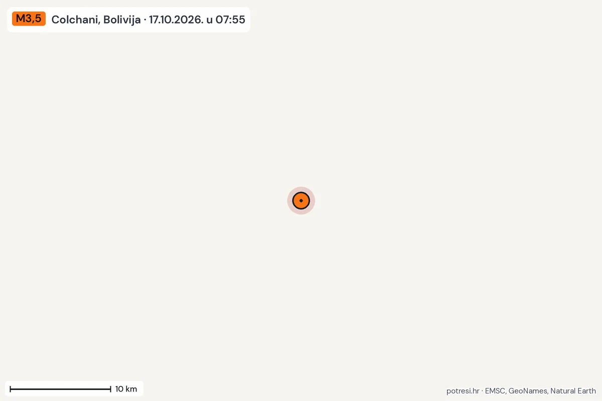 Karta: okolica epicentra, 60 km, potres M3,5, Colchani, Bolivija, 17.10.2026.