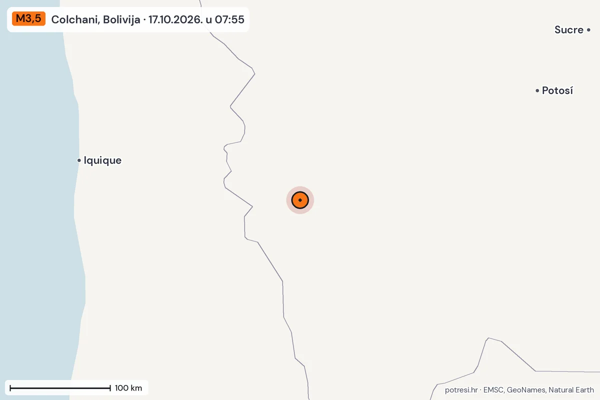 Karta: šire područje, 600 km, potres M3,5, Colchani, Bolivija, 17.10.2026.