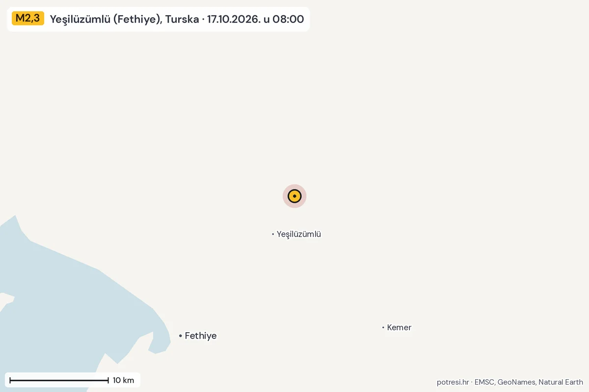 Karta: okolica epicentra, 60 km, potres M2,3, Yeşilüzümlü (Fethiye), Turska, 17.10.2026.