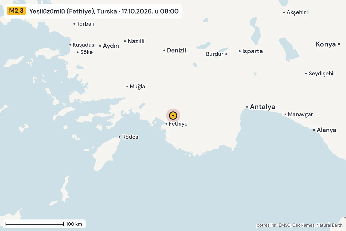 Karta: šire područje, 600 km, potres M2,3, Yeşilüzümlü (Fethiye), Turska, 17.10.2026.