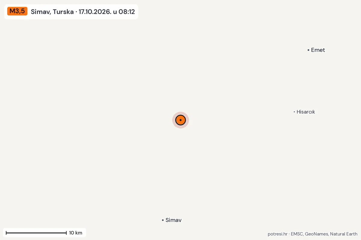 Karta: okolica epicentra, 60 km, potres M3,5, Simav, Turska, 17.10.2026.