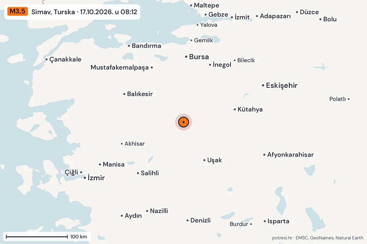 Karta: šire područje, 600 km, potres M3,5, Simav, Turska, 17.10.2026.