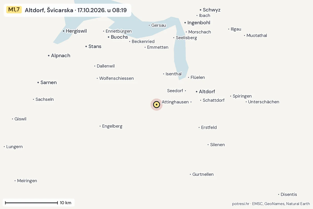 Karta: okolica epicentra, 60 km, potres M1,7, Altdorf, Švicarska, 17.10.2026.