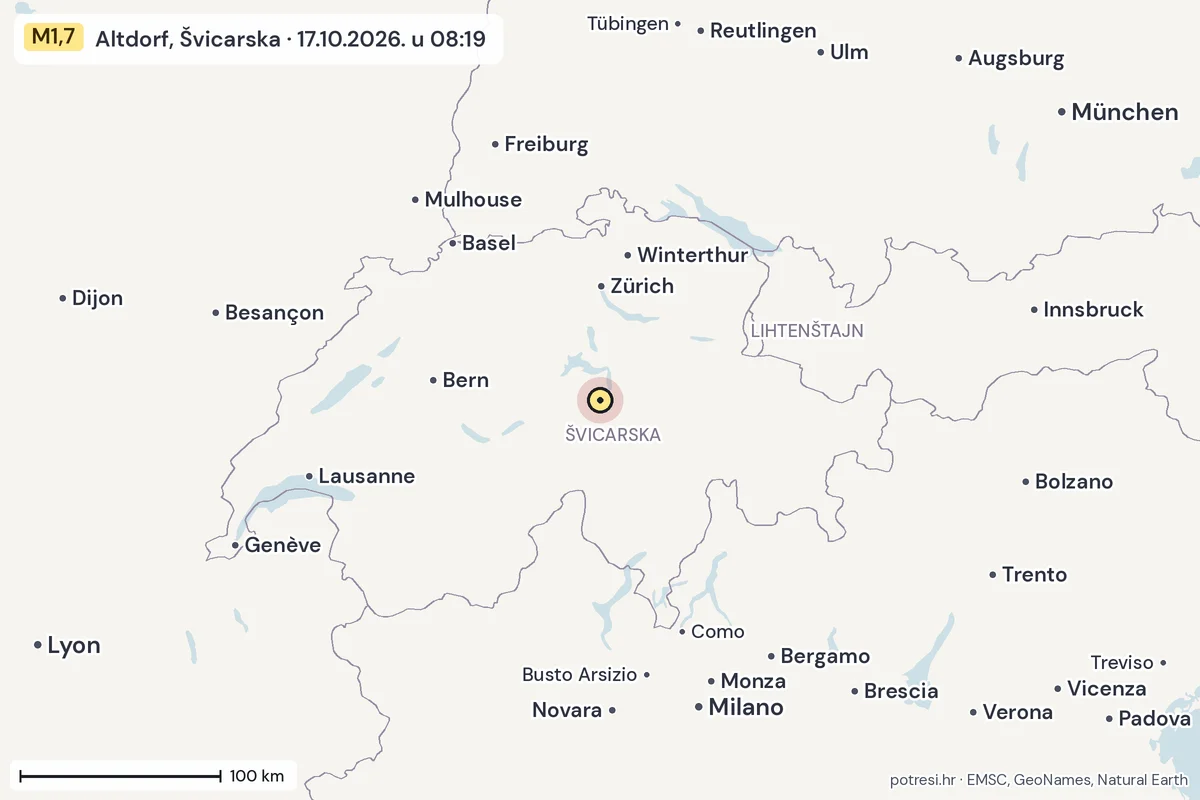 Karta: šire područje, 600 km, potres M1,7, Altdorf, Švicarska, 17.10.2026.
