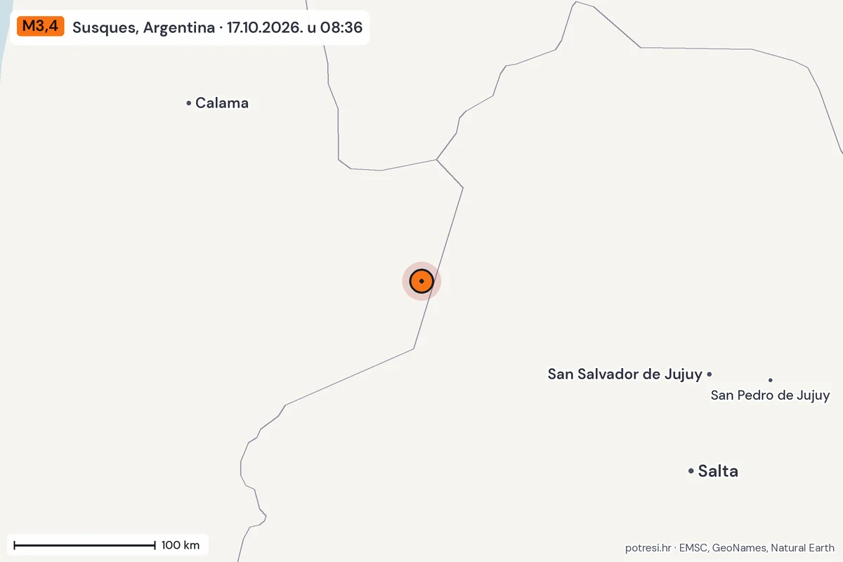 Karta: šire područje, 600 km, potres M3,4, Susques, Argentina, 17.10.2026.