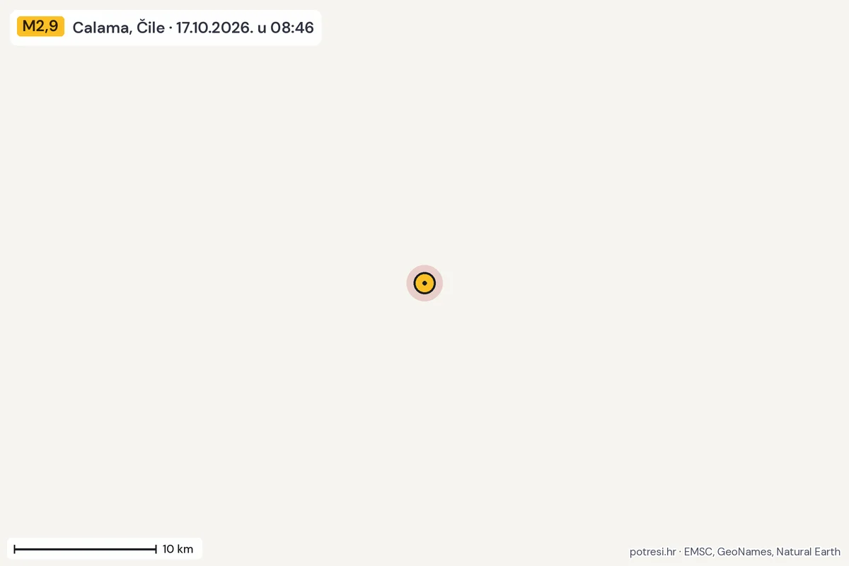 Karta: okolica epicentra, 60 km, potres M2,9, Calama, Čile, 17.10.2026.
