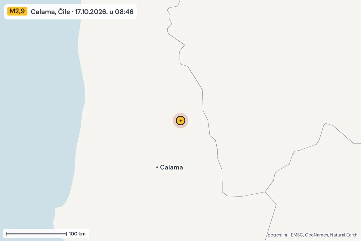 Karta: šire područje, 600 km, potres M2,9, Calama, Čile, 17.10.2026.