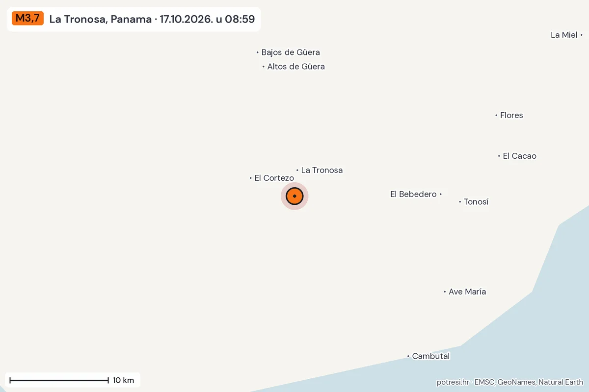 Karta: okolica epicentra, 60 km, potres M3,7, La Tronosa, Panama, 17.10.2026.