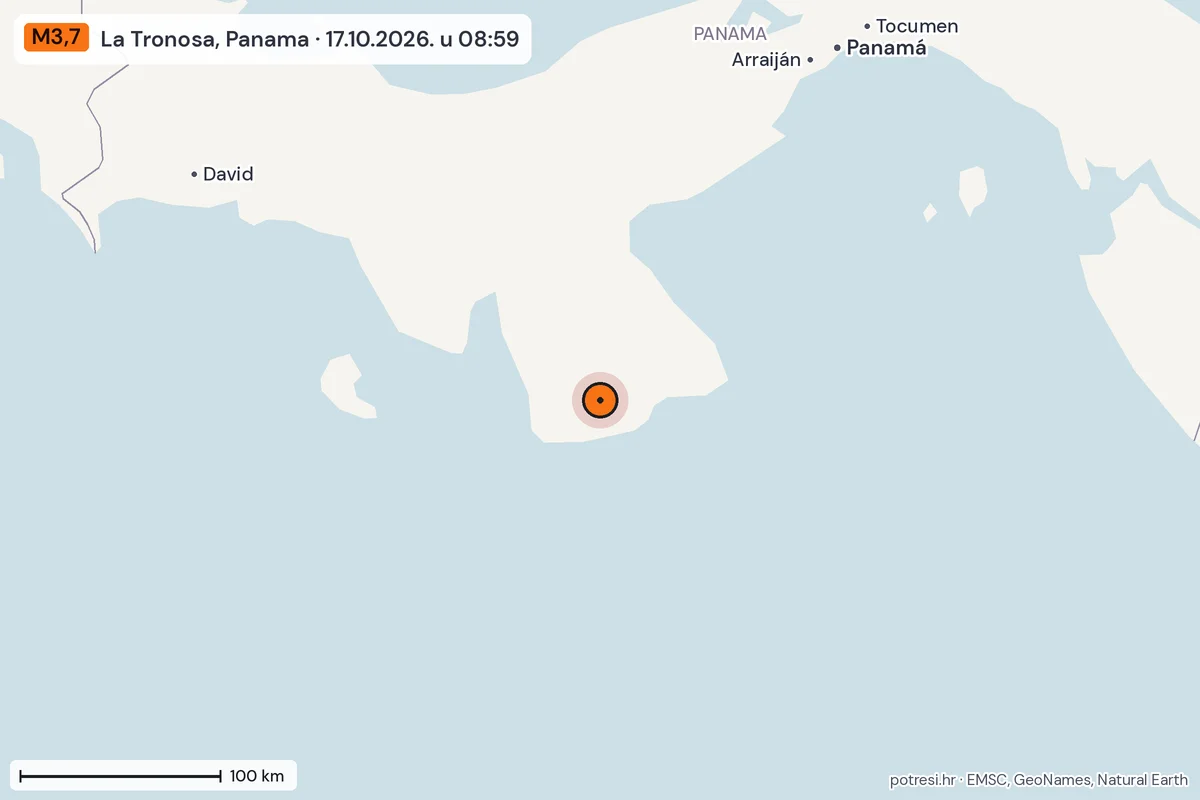 Karta: šire područje, 600 km, potres M3,7, La Tronosa, Panama, 17.10.2026.