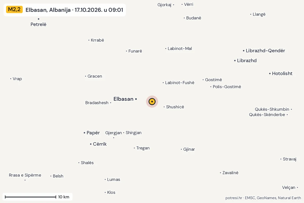 Karta: okolica epicentra, 60 km, potres M2,2, Elbasan, Albanija, 17.10.2026.