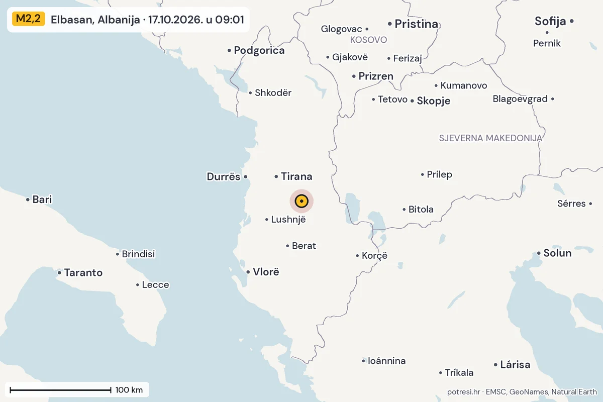 Karta: šire područje, 600 km, potres M2,2, Elbasan, Albanija, 17.10.2026.