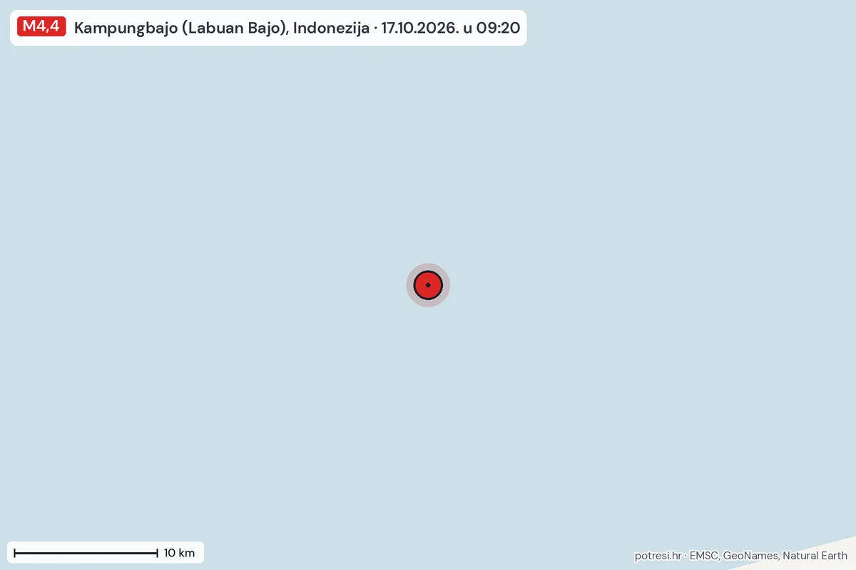 Karta: okolica epicentra, 60 km, potres M4,4, Kampungbajo (Labuan Bajo), Indonezija, 17.10.2026.