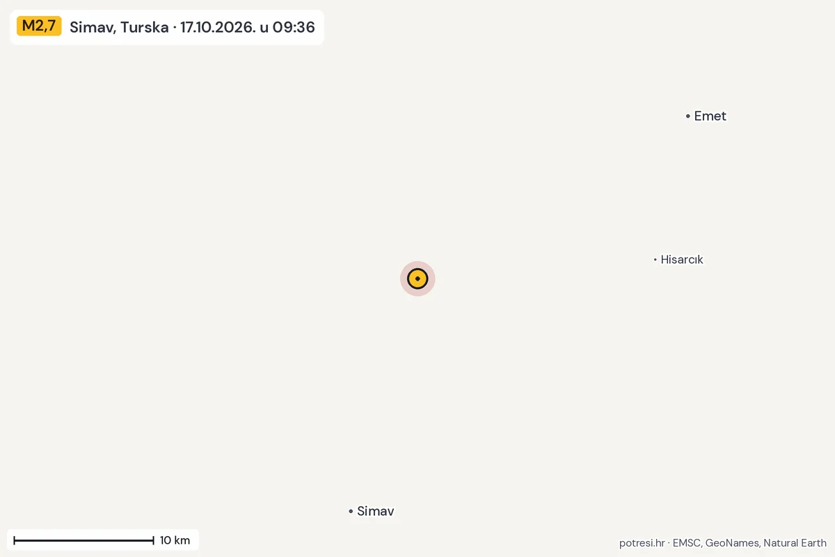Karta: okolica epicentra, 60 km, potres M2,7, Simav, Turska, 17.10.2026.