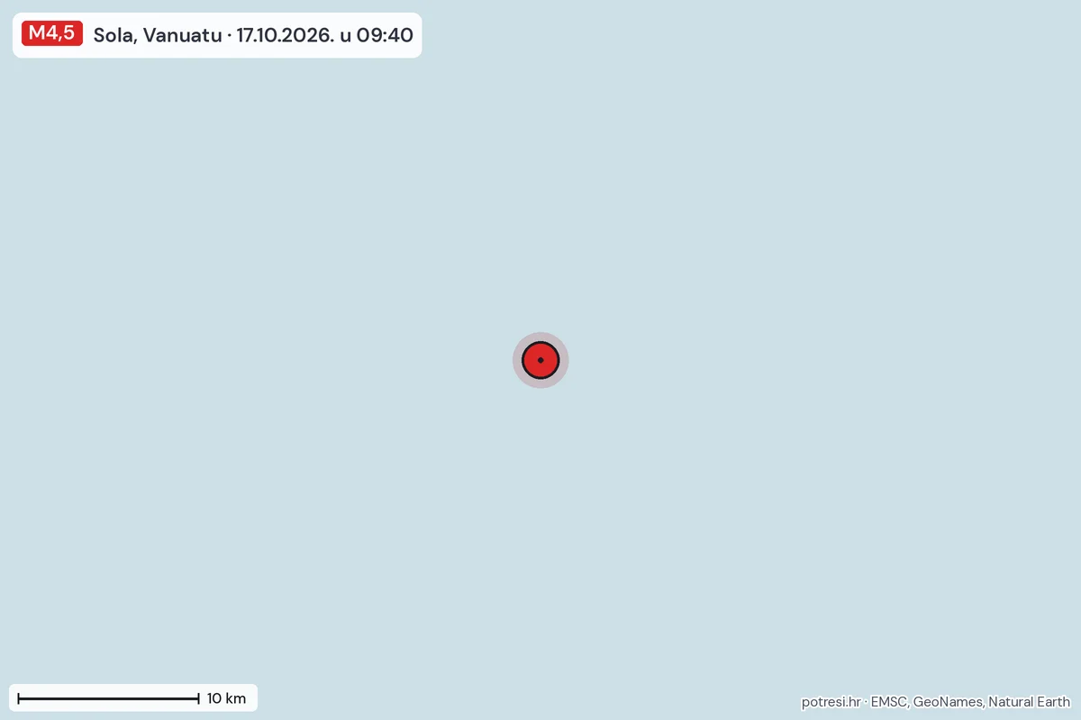 Karta: okolica epicentra, 60 km, potres M4,5, Sola, Vanuatu, 17.10.2026.