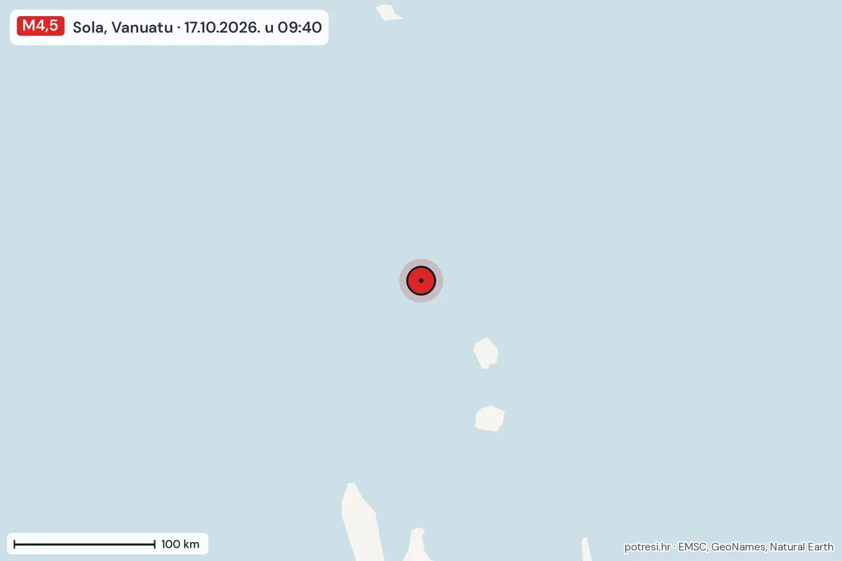 Karta: šire područje, 600 km, potres M4,5, Sola, Vanuatu, 17.10.2026.
