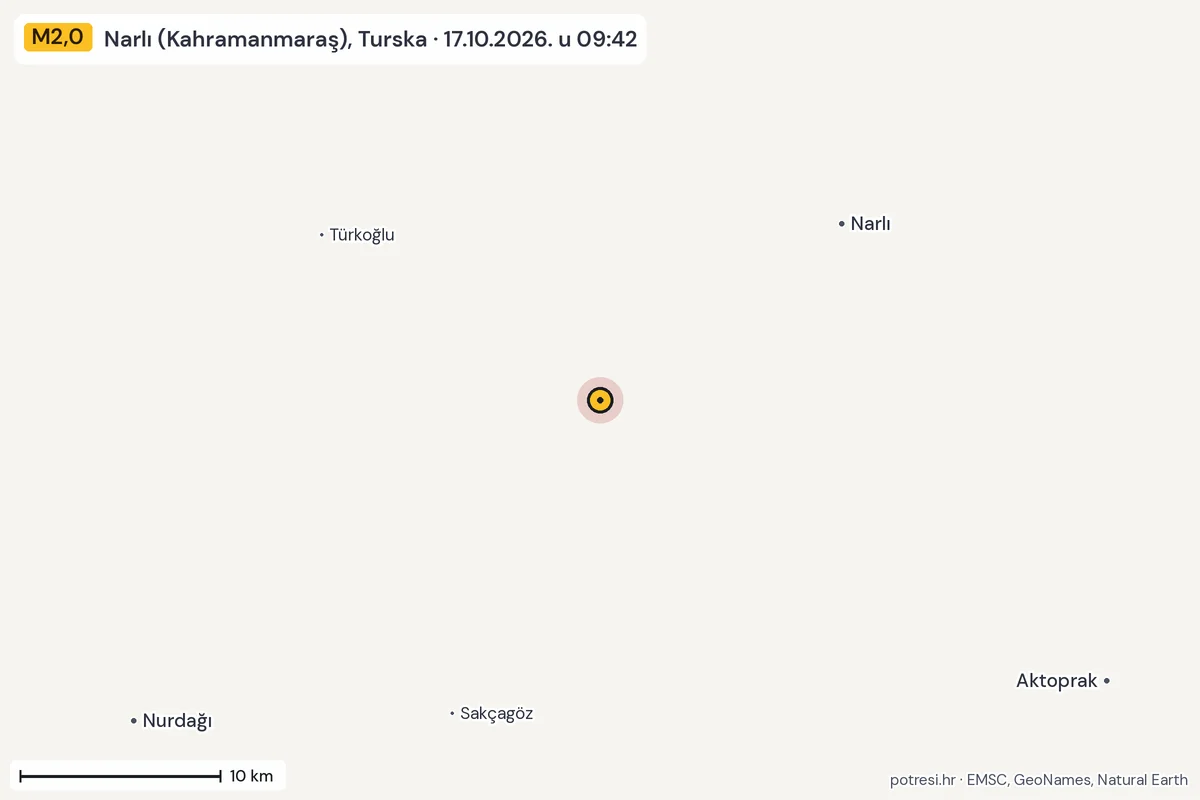 Karta: okolica epicentra, 60 km, potres M2,0, Narlı (Kahramanmaraş), Turska, 17.10.2026.
