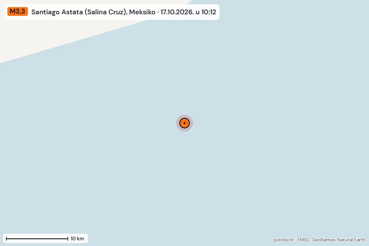 Karta: okolica epicentra, 60 km, potres M3,3, Santiago Astata (Salina Cruz), Meksiko, 17.10.2026.