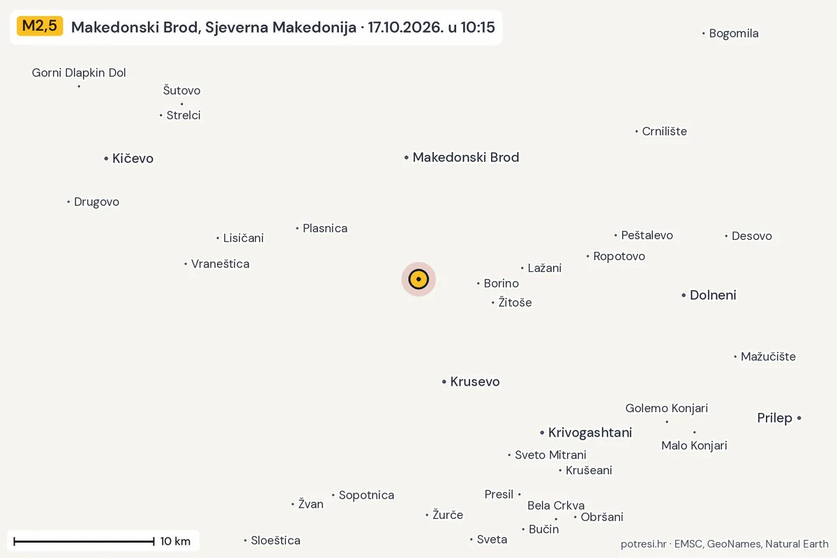 Karta: okolica epicentra, 60 km, potres M2,5, Makedonski Brod, Sjeverna Makedonija, 17.10.2026.