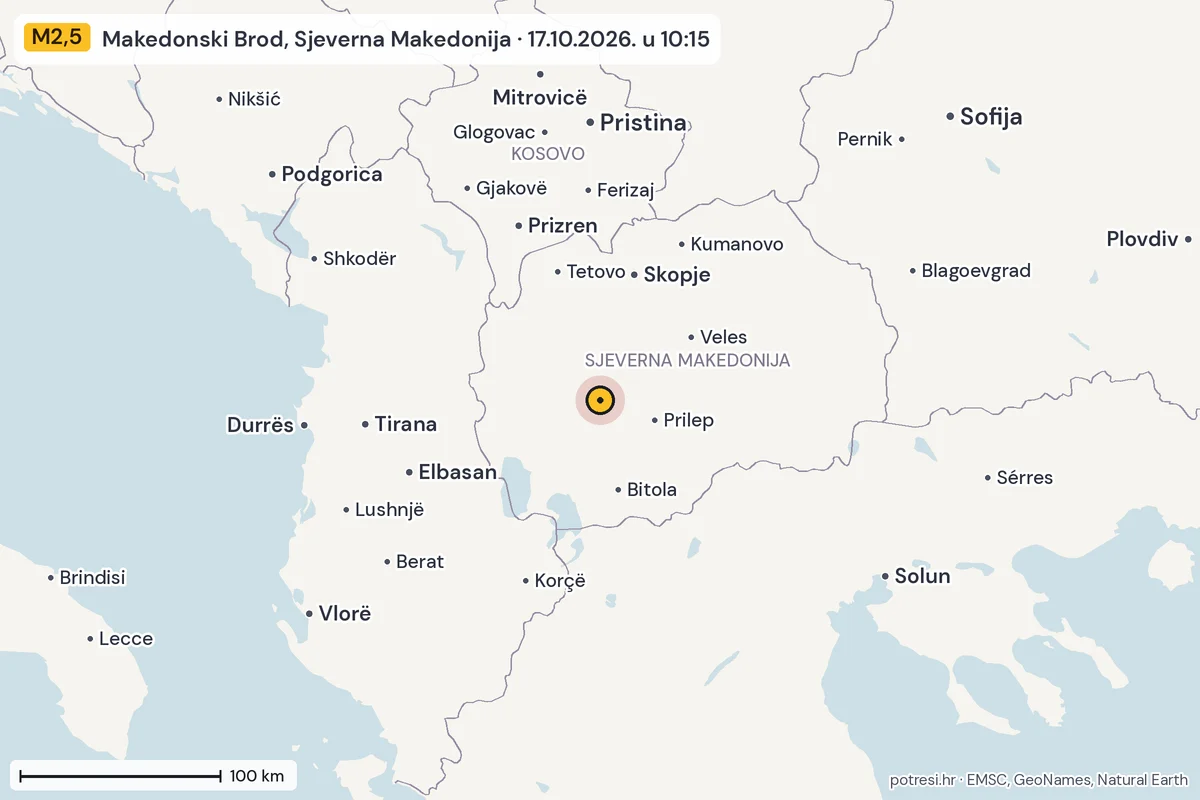 Karta: šire područje, 600 km, potres M2,5, Makedonski Brod, Sjeverna Makedonija, 17.10.2026.