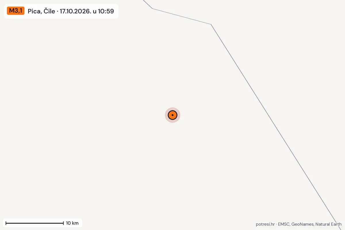 Karta: okolica epicentra, 60 km, potres M3,1, Pica, Čile, 17.10.2026.