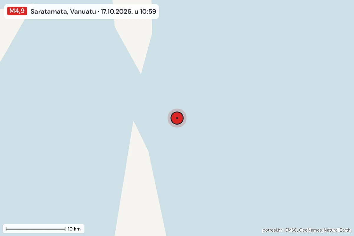 Karta: okolica epicentra, 60 km, potres M4,9, Saratamata, Vanuatu, 17.10.2026.