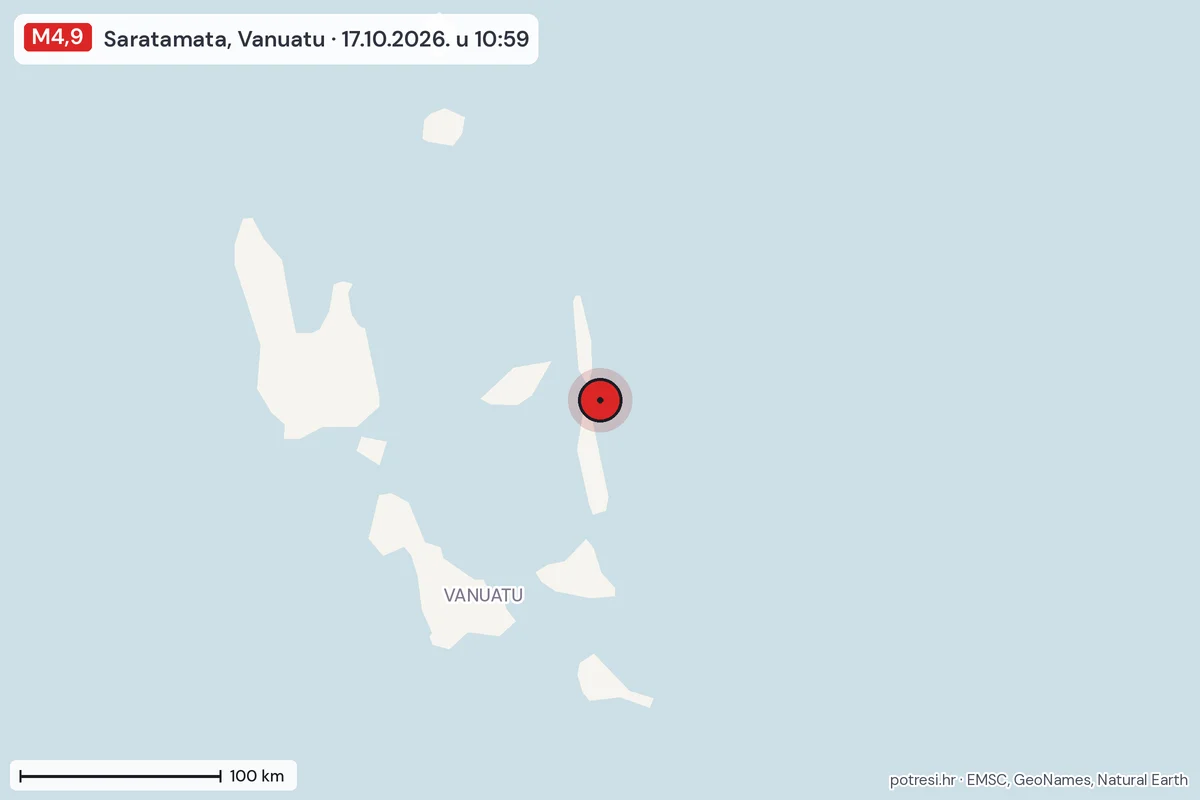 Karta: šire područje, 600 km, potres M4,9, Saratamata, Vanuatu, 17.10.2026.