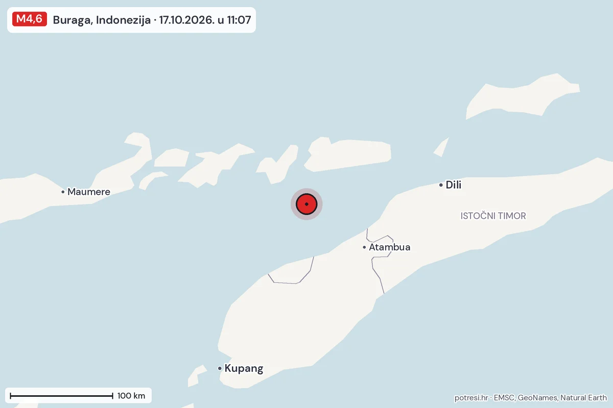 Karta: šire područje, 600 km, potres M4,6, Buraga, Indonezija, 17.10.2026.